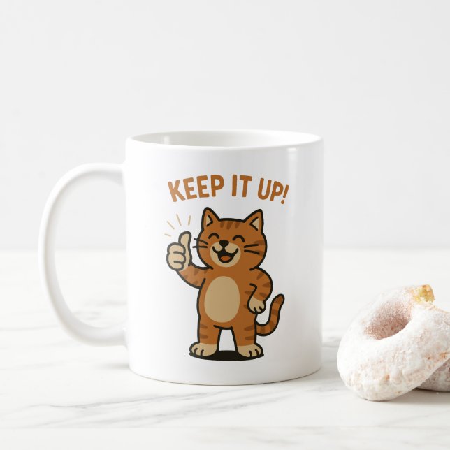 Keep It Up! Motivational Encouragement Retro Cat  Coffee Mug (With Donut)