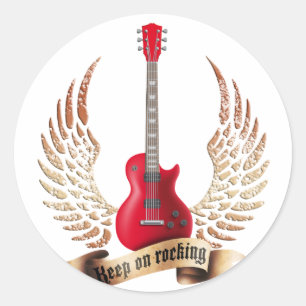 keep on rocking electric guitar wings classic round sticker