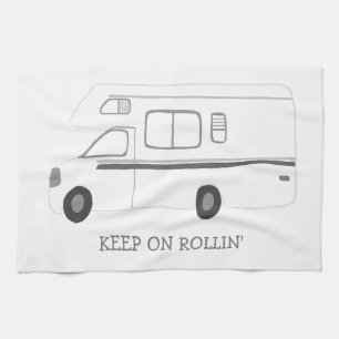 KEEP ON ROLLIN Retro Camper Motorhome RV B&W Tea Towel