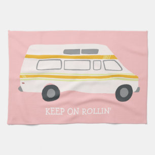 KEEP ON ROLLIN Retro Campervan Motorhome RV Pink Tea Towel