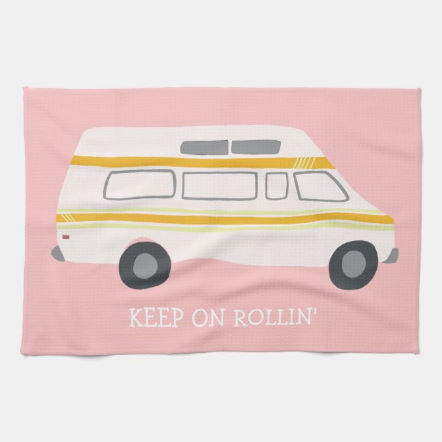 KEEP ON ROLLIN Retro Campervan Motorhome RV Pink Tea Towel (Horizontal)
