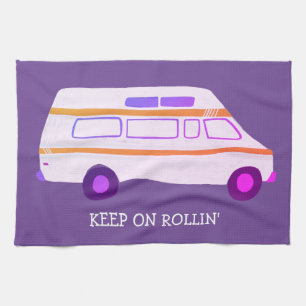KEEP ON ROLLIN Retro Campervan Motorhome RV Purple Tea Towel