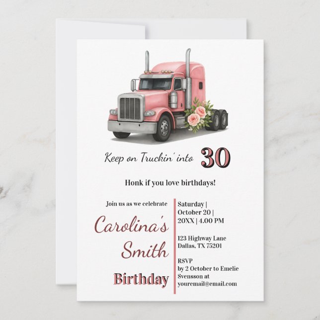 Keep on Truckin’  Birthday Female Truck Driver Invitation (Front)
