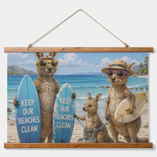 Keep Our Beaches Clean Kangaroo Family Hanging Tapestry