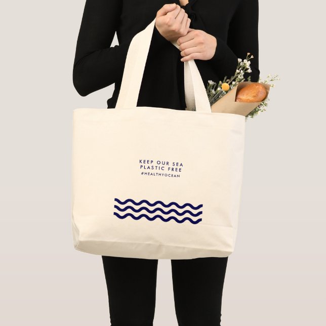 Keep Our Sea Plastic Free Ocean Nautical Waves Large Tote Bag (Front (Product))