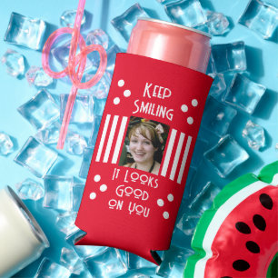  Keep smiling add 2 photo stripes red white Seltzer Can Cooler