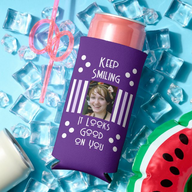  Keep smiling add 2 photo stripes white purple Seltzer Can Cooler (In Situ Summer)