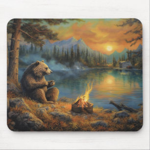 Keeper of the Autumn Flame Grizzly Bear Campfire Mouse Mat