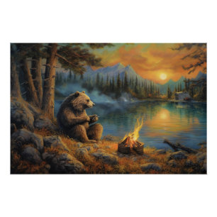 Keeper of the Autumn Flame Grizzly Bear Campfire Poster