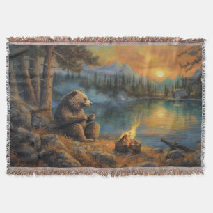 Keeper of the Autumn Flame Grizzly Bear Campfire Throw Blanket