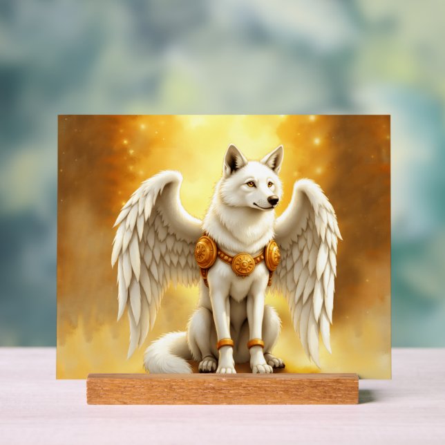 Keeper of the Dawn – The White Winged Wolf.  Acrylic Sign (Neutral)