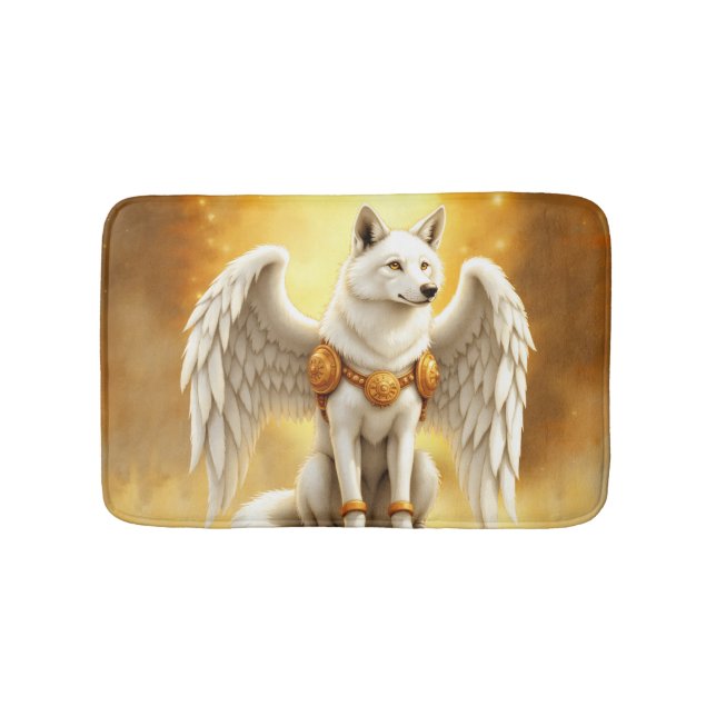 Keeper of the Dawn – The White Winged Wolf.  Bath Mat (Front)