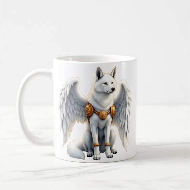 Keeper of the Dawn – The White Winged Wolf.  Coffee Mug (Left)