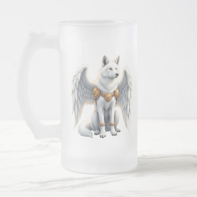 Keeper of the Dawn – The White Winged Wolf.  Frosted Glass Beer Mug (Left)