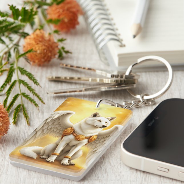 Keeper of the Dawn – The White Winged Wolf.  Key Ring (Front Right)