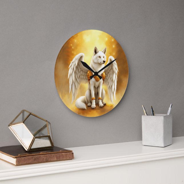 Keeper of the Dawn – The White Winged Wolf.  Large Clock (Office)