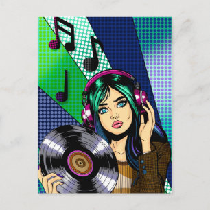 Keeping in touch Pop Art Girl with Record Postcard