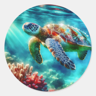 Keeping in Touch Sea Turtle Swimming Classic Round Sticker