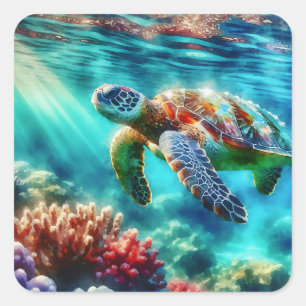 Keeping in Touch Sea Turtle Swimming Square Sticker