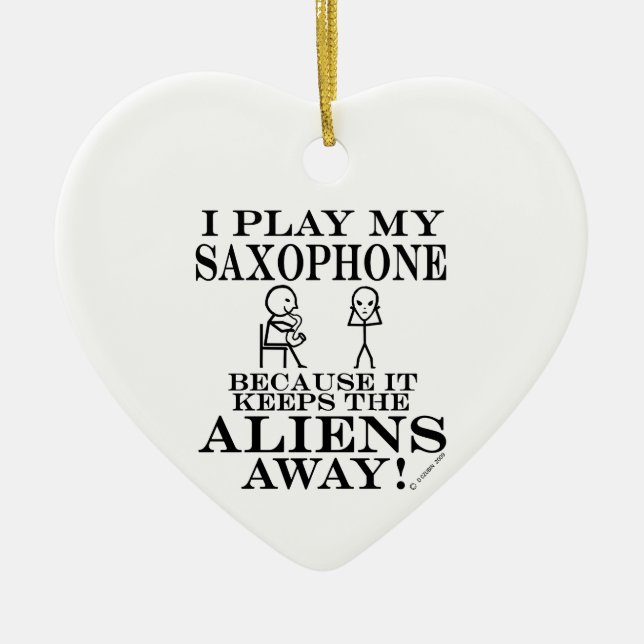Keeps Aliens Away Saxophone Ceramic Tree Decoration (Front)