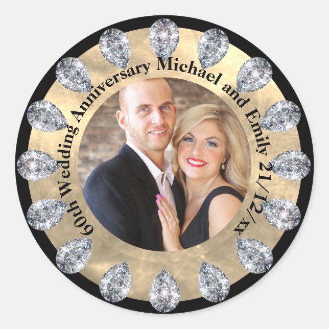 Keepsake 60th Wedding ANNIVERSARY PHOTO DIAMOND Classic Round Sticker (Front)