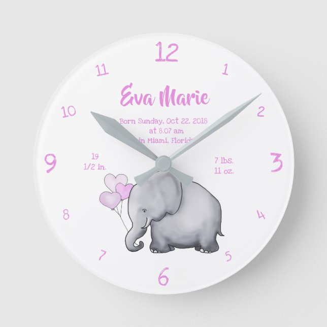 Keepsake Baby Girl Birth Stats Elephant Nursery Round Clock (Front)