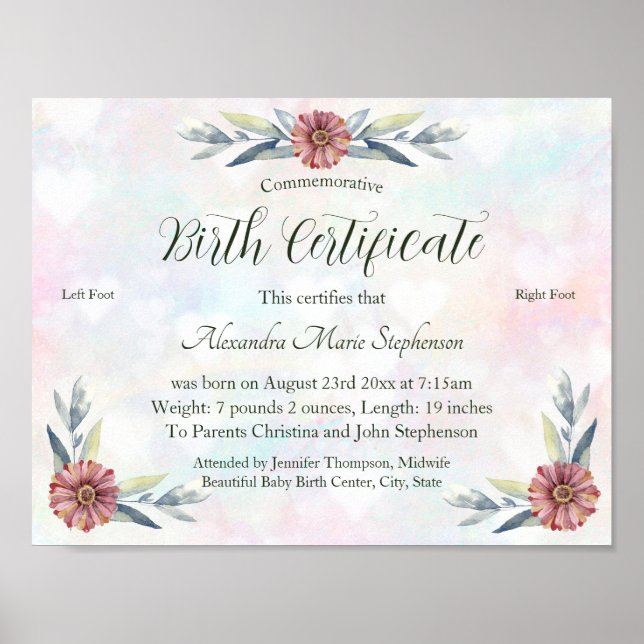 Keepsake Baby Girl Footprint Birth Certificate Poster (Front)