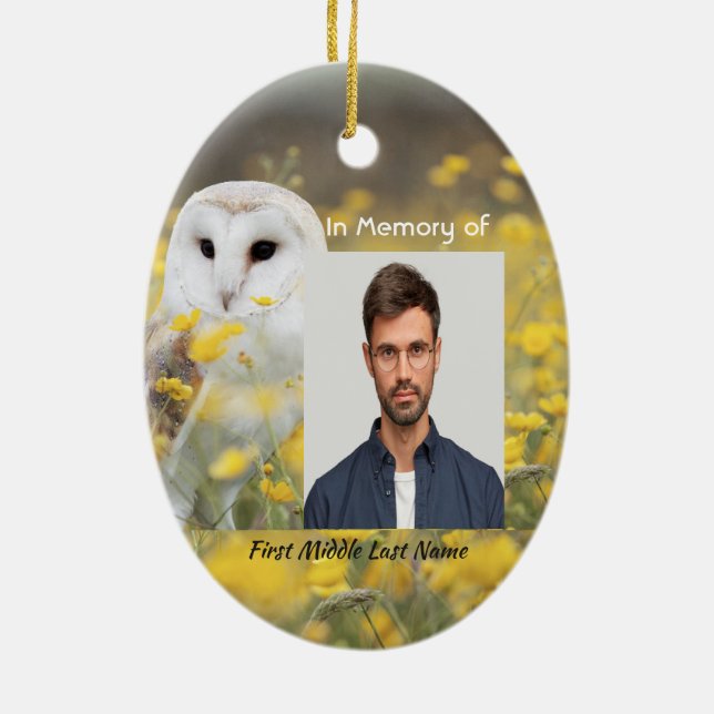 Keepsake Memorial Photo Barn Owl Bird  Ceramic Tree Decoration (Back)