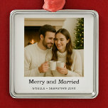 Keepsake Merry and Married First Christmas Photo Metal Tree Decoration<br><div class="desc">Commemorate your first Christmas as newlyweds with this beautiful photo ornament featuring “Merry & Married” in elegant script. A sentimental gift and a timeless addition to your holiday traditions.</div>