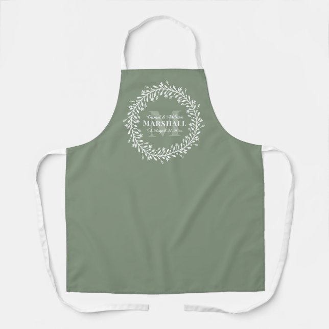 Keepsake Newlywed Couple Green Wreath Monogram Apron (Front)