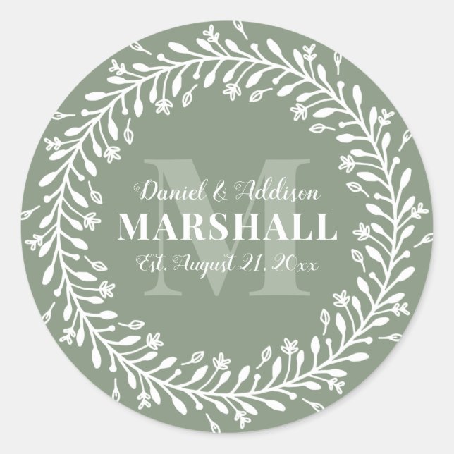 Keepsake Newlywed Couple Green Wreath Monogram Classic Round Sticker (Front)