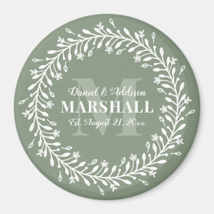 Keepsake Newlywed Couple Green Wreath Monogram Magnet