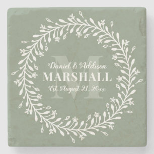 Keepsake Newlywed Couple Green Wreath Monogram Stone Coaster