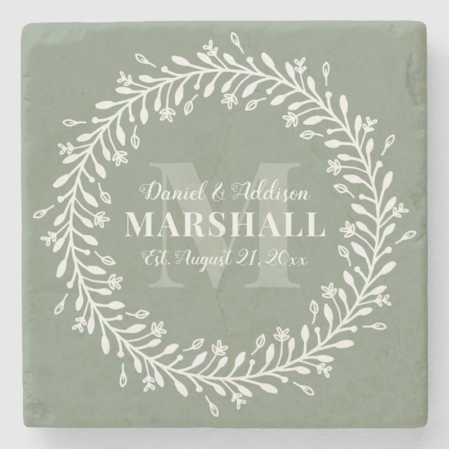 Keepsake Newlywed Couple Green Wreath Monogram Stone Coaster (Front)