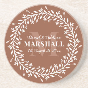 Keepsake Newlywed Couple Orange Wreath Monogram Coaster