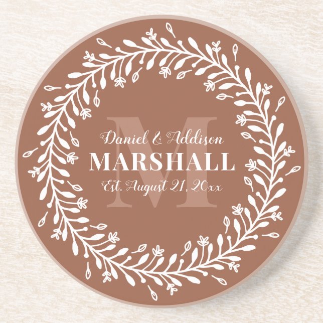 Keepsake Newlywed Couple Orange Wreath Monogram Coaster (Front)