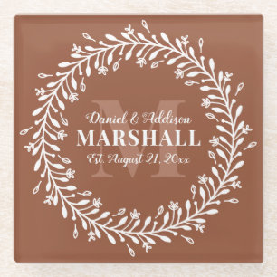 Keepsake Newlywed Couple Orange Wreath Monogram Glass Coaster