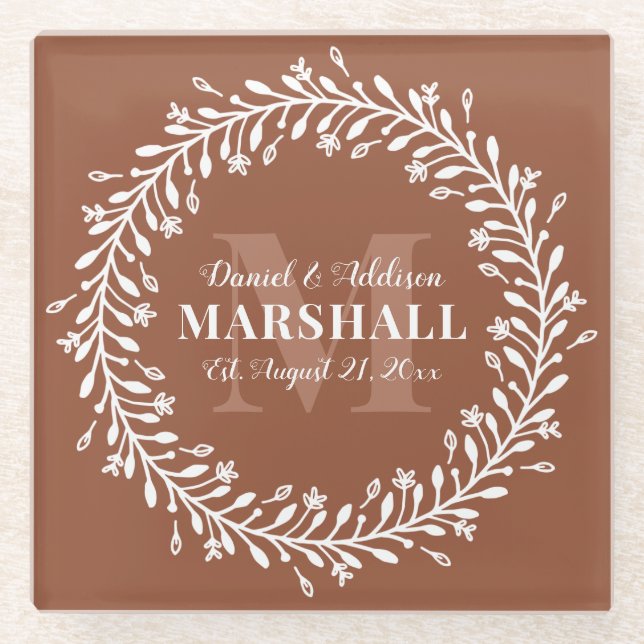 Keepsake Newlywed Couple Orange Wreath Monogram Glass Coaster (Front)