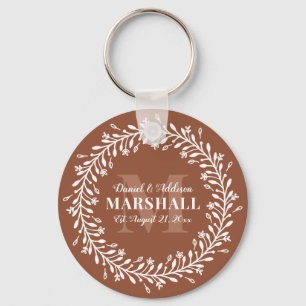 Keepsake Newlywed Couple Orange Wreath Monogram Key Ring