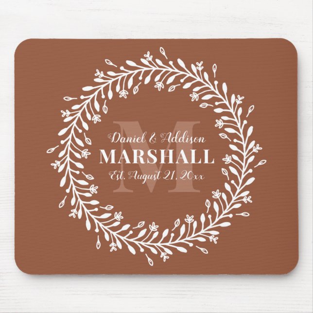 Keepsake Newlywed Couple Orange Wreath Monogram Mouse Mat (Front)
