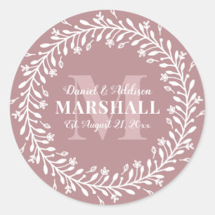 Keepsake Newlywed Couple Pink Wreath Monogram Classic Round Sticker