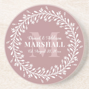 Keepsake Newlywed Couple Pink Wreath Monogram Coaster