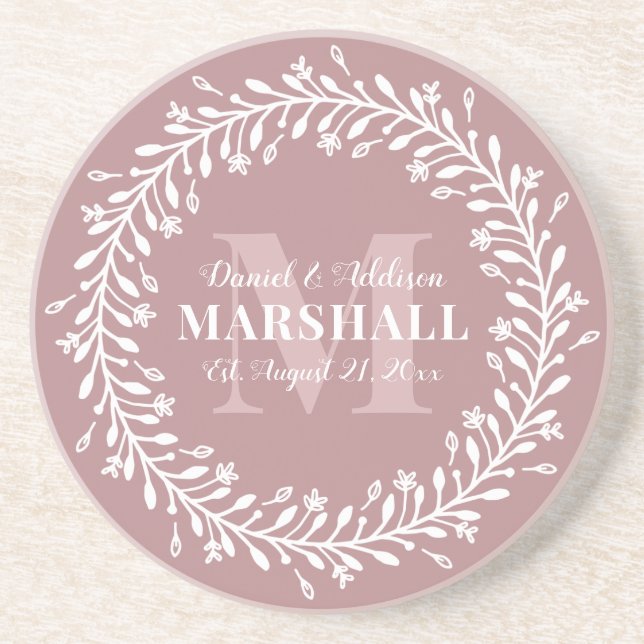 Keepsake Newlywed Couple Pink Wreath Monogram Coaster (Front)