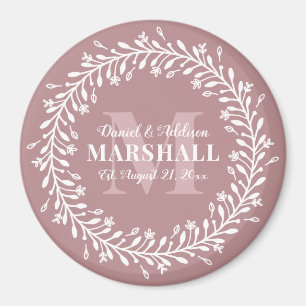 Keepsake Newlywed Couple Pink Wreath Monogram Magnet