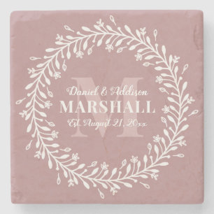 Keepsake Newlywed Couple Pink Wreath Monogram Name Stone Coaster