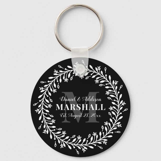 Keepsake Newlywed Couple Wreath Monogram Name Key Ring (Front)