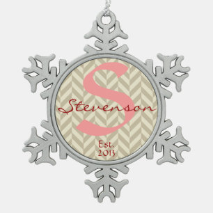 Keepsake Ornament Name & Year, Pink Grey Chevron