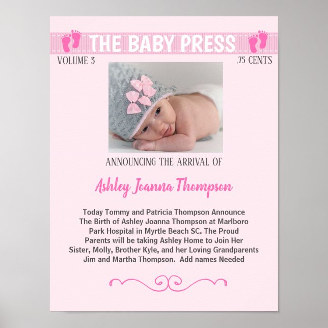 Keepsake Photo Birth Announcement Poster (Front)