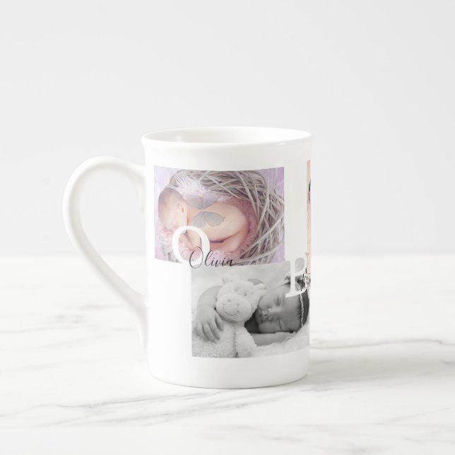 Keepsake Photo Collage Birth Announcement Bone China Mug (Left)