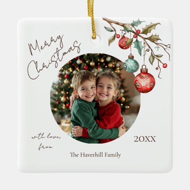 Keepsake Photo Elegant Watercolor Christmas  Ceramic Ornament (Front)